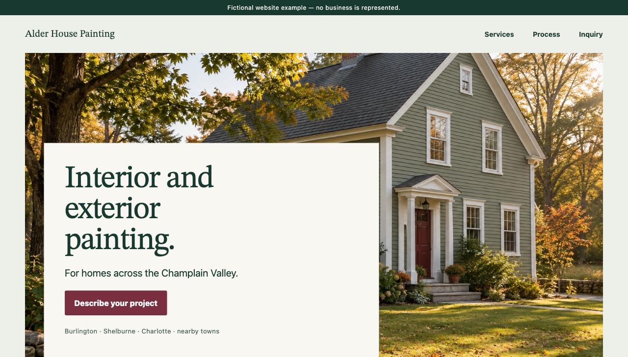 Alder House Painting website example, with a house photograph, services and a project inquiry button.