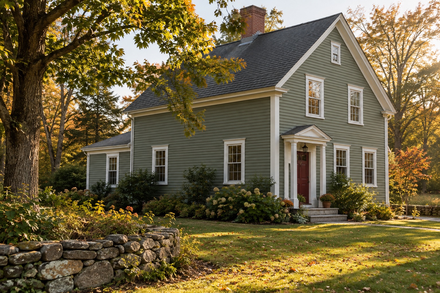 A sage green farmhouse with a red front door in a Vermont landscape